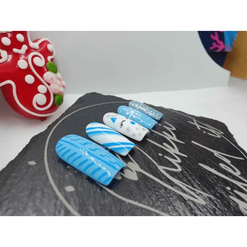 Nailmas Day 01 Blue Sweater Nails | Winter Blue Nails | Hand Painted Luxury 10pc Set - Nikki Nailed it