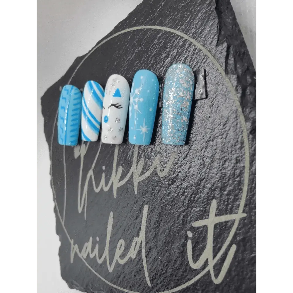 Nailmas Day 01 Blue Sweater Nails | Winter Blue Nails | Hand Painted Luxury 10pc Set - Nikki Nailed it