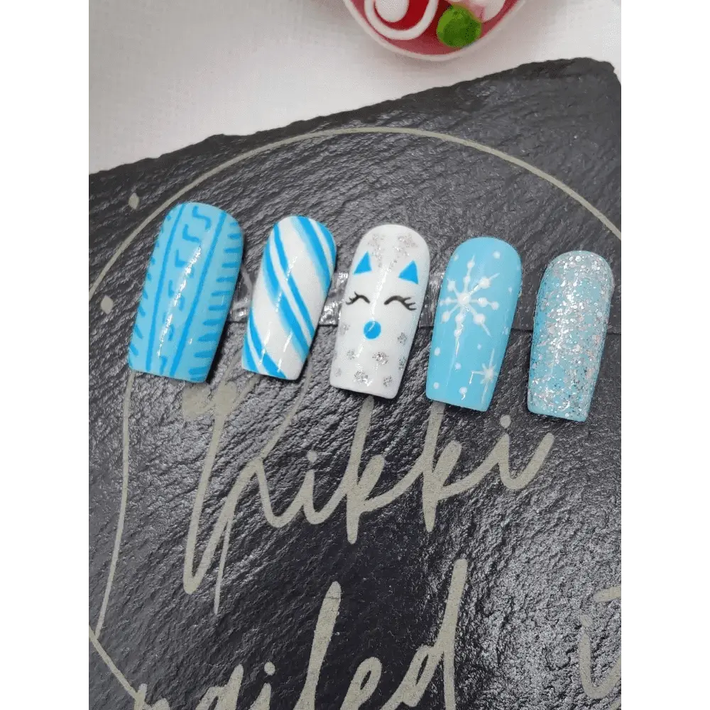 Nailmas Day 01 Blue Sweater Nails | Winter Blue Nails | Hand Painted Luxury 10pc Set - Nikki Nailed it