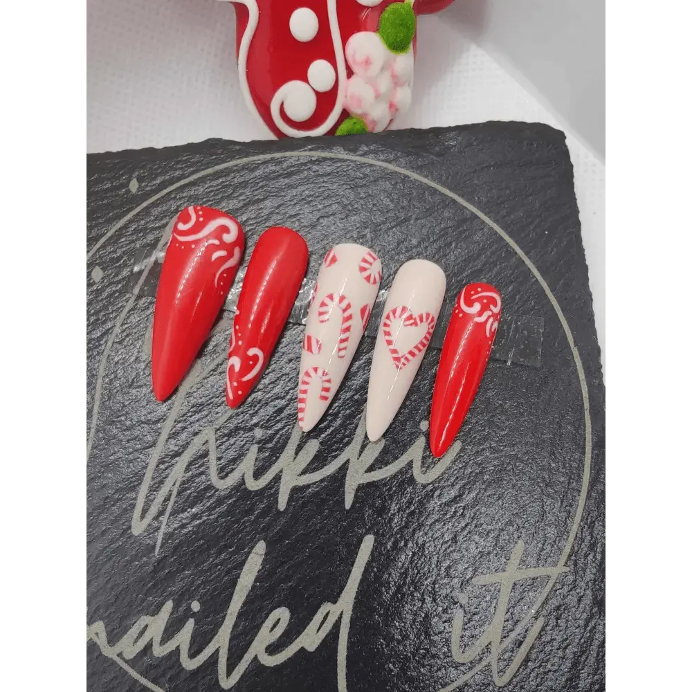 Nailmas Day 04 Candy Cane Nails - Christmas Candy Cane Press On Nails | Luxury Hand Painted Red & White Nail Art - Nikki Nailed it