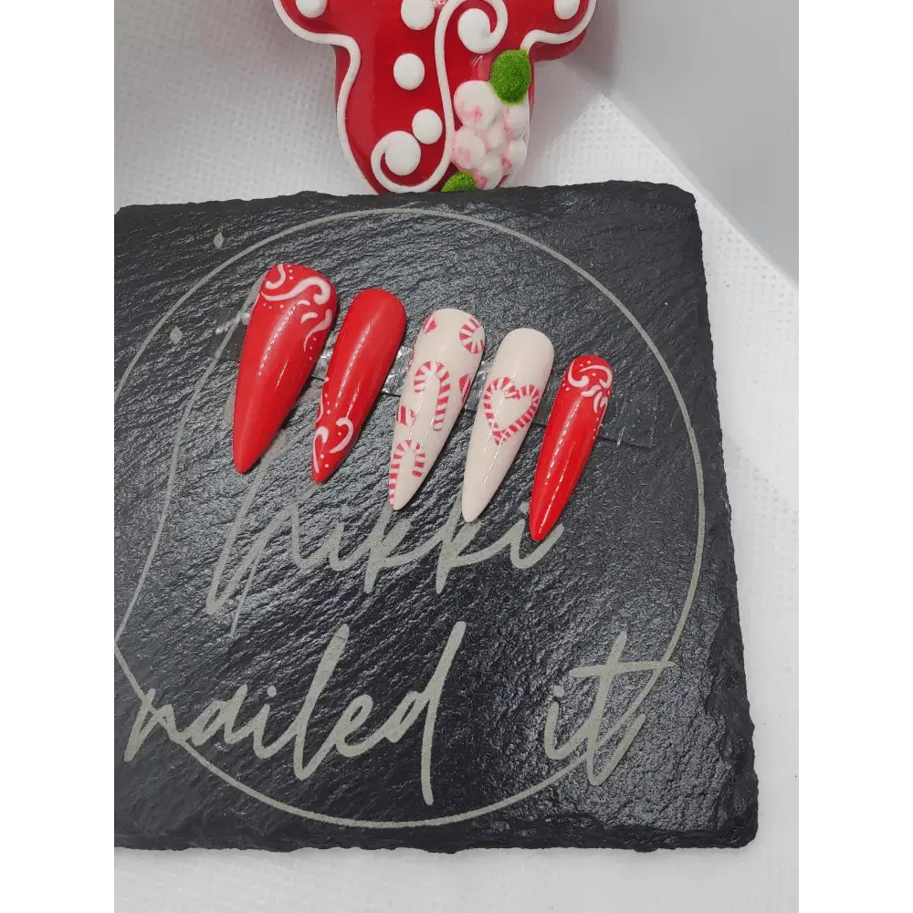Nailmas Day 04 Candy Cane Nails - Christmas Candy Cane Press On Nails | Luxury Hand Painted Red & White Nail Art - Nikki Nailed it