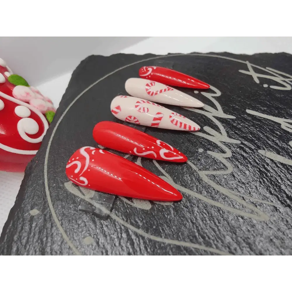 Nailmas Day 04 Candy Cane Nails - Christmas Candy Cane Press On Nails | Luxury Hand Painted Red & White Nail Art - Nikki Nailed it