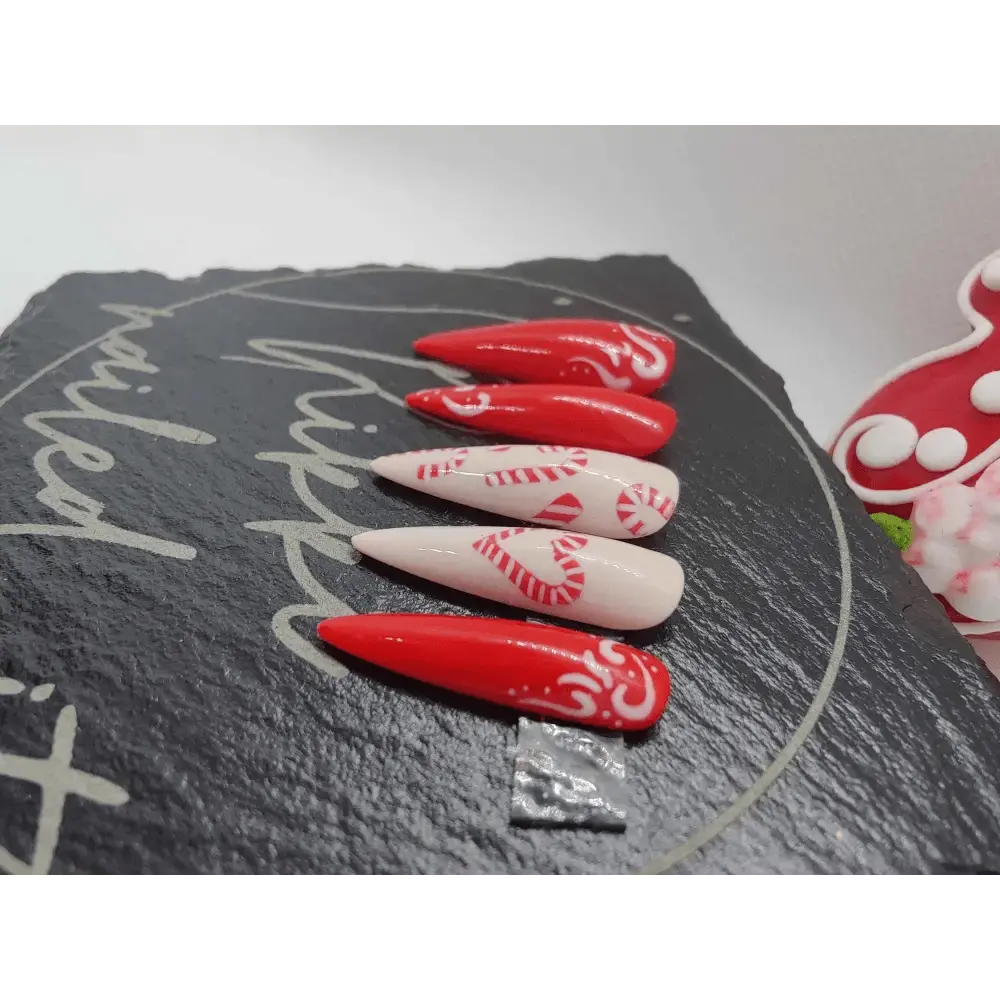 Nailmas Day 04 Candy Cane Nails - Christmas Candy Cane Press On Nails | Luxury Hand Painted Red & White Nail Art - Nikki Nailed it