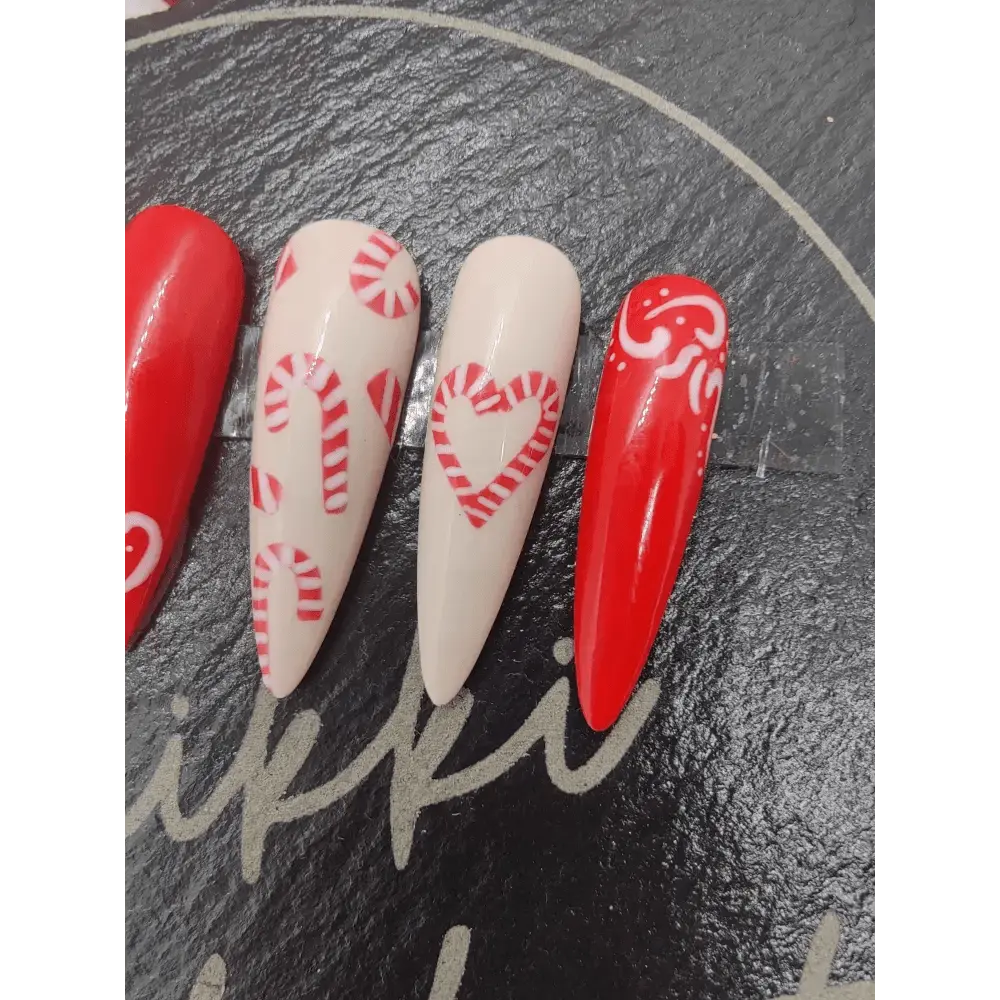 Nailmas Day 04 Candy Cane Nails - Christmas Candy Cane Press On Nails | Luxury Hand Painted Red & White Nail Art - Nikki Nailed it
