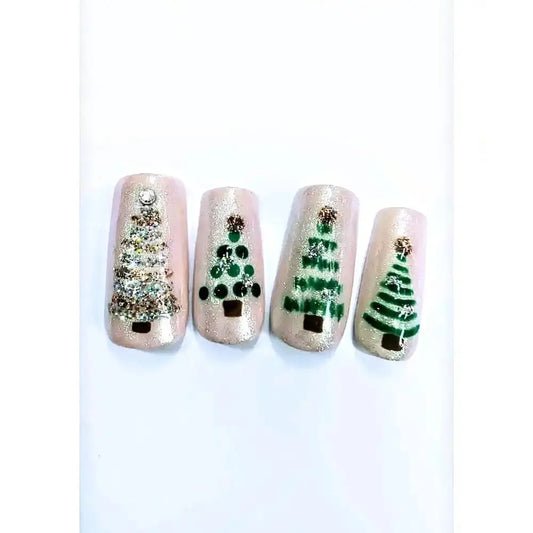 Nailmas Day 05 Nude Chrome Christmas Tree Nails - Hand Painted Luxury Press On Christmas Tree Nails - Nikki Nailed it