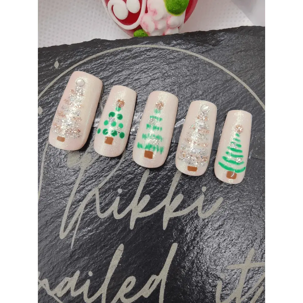Nailmas Day 05 Nude Chrome Christmas Tree Nails - Hand Painted Luxury Press On Christmas Tree Nails - Nikki Nailed it