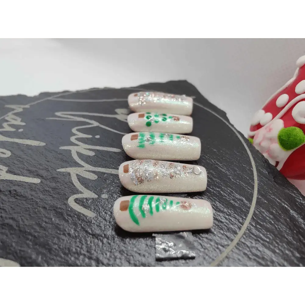 Nailmas Day 05 Nude Chrome Christmas Tree Nails - Hand Painted Luxury Press On Christmas Tree Nails - Nikki Nailed it