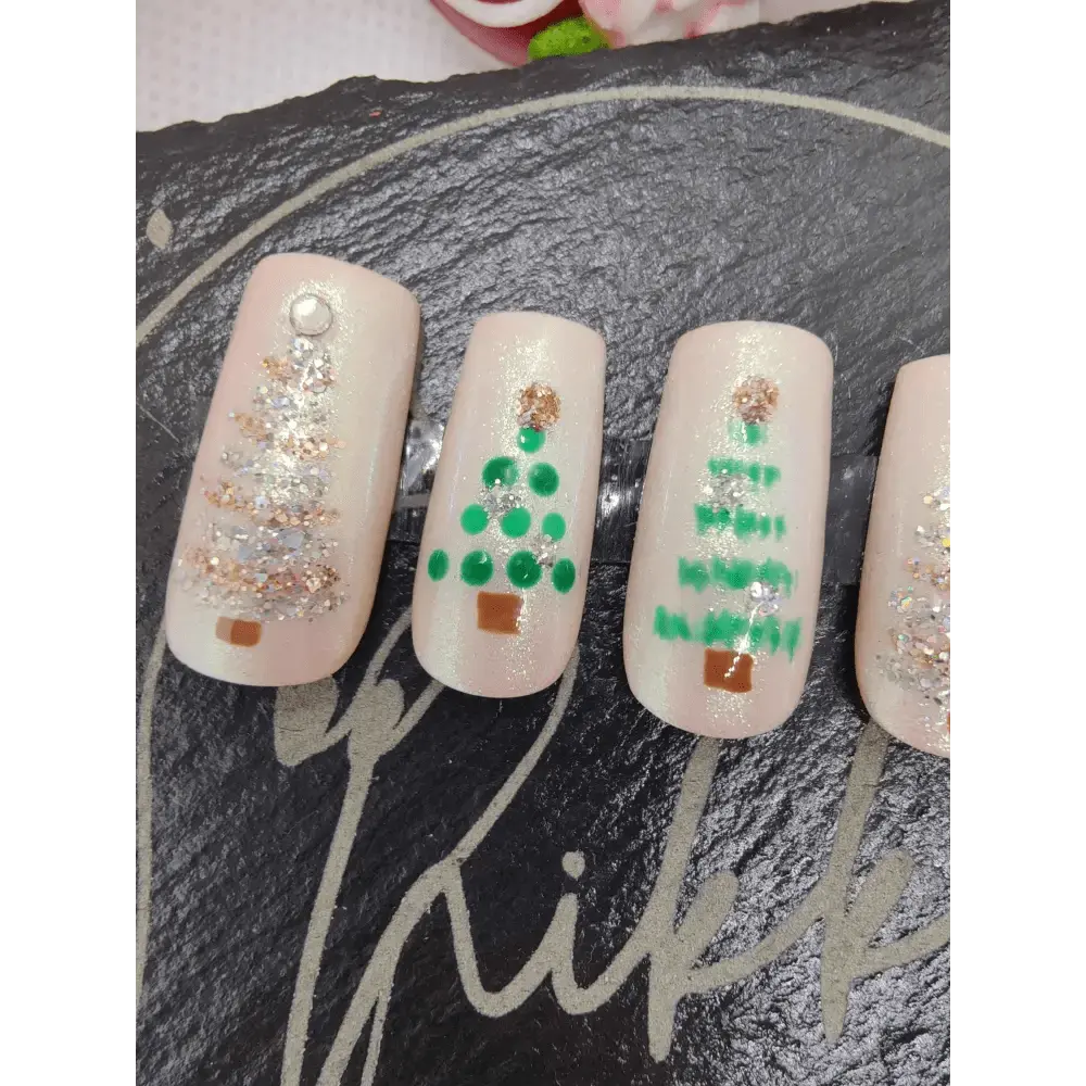 Nailmas Day 05 Nude Chrome Christmas Tree Nails - Hand Painted Luxury Press On Christmas Tree Nails - Nikki Nailed it