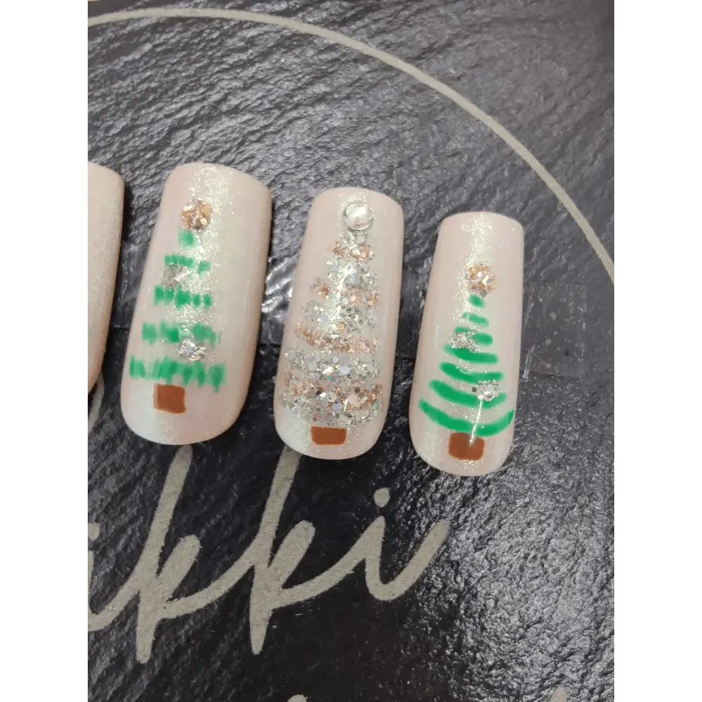 Nailmas Day 05 Nude Chrome Christmas Tree Nails - Hand Painted Luxury Press On Christmas Tree Nails - Nikki Nailed it