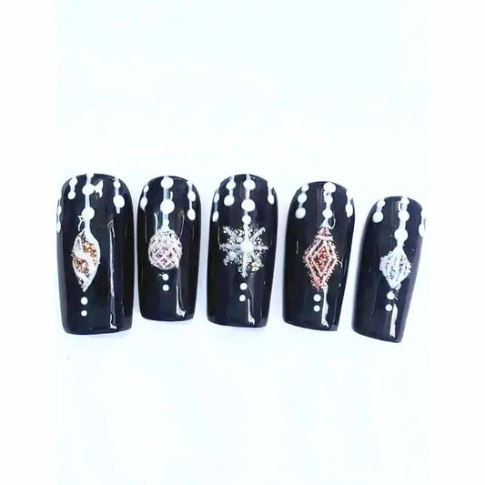 Nailmas Day 06 Midnight Bauble Nails - Hand Painted Glitter Press On Nails | Navy Blue Design | Luxury Nail Art by Nikki Nailed - Nikki Nailed it