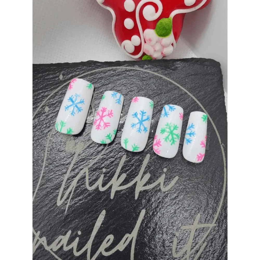 Nailmas Day 07 Neon Snowflake Nails - Luxury Hand Painted Merry & Bright Snowflake Press On Nails by Nikki Nailed - Nikki Nailed it