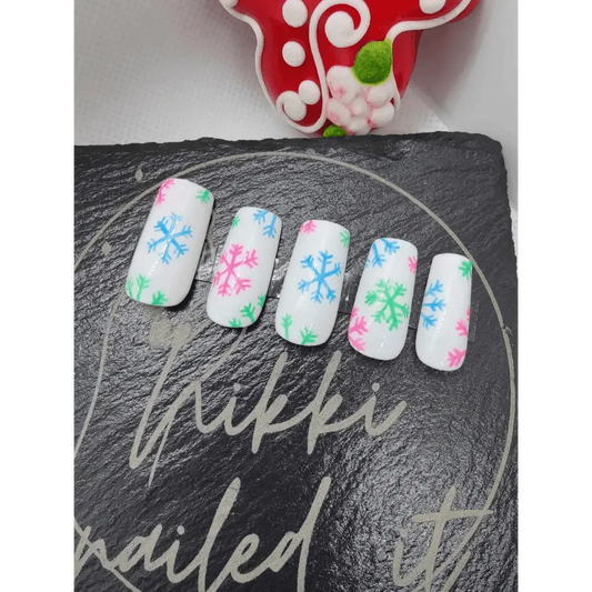 Nailmas Day 07 Neon Snowflake Nails - Luxury Hand Painted Merry & Bright Snowflake Press On Nails by Nikki Nailed - Nikki Nailed it