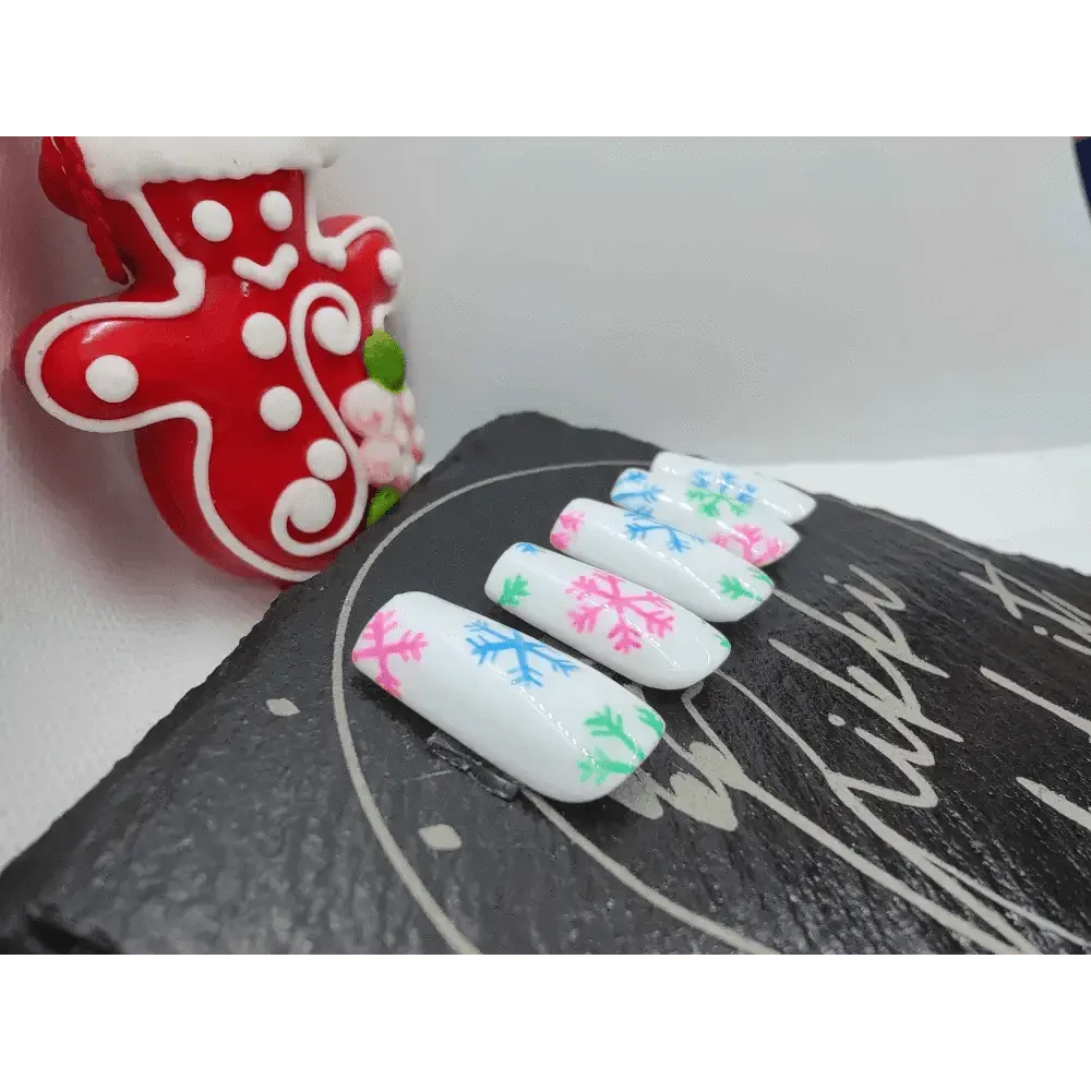 Nailmas Day 07 Neon Snowflake Nails - Luxury Hand Painted Merry & Bright Snowflake Press On Nails by Nikki Nailed - Nikki Nailed it