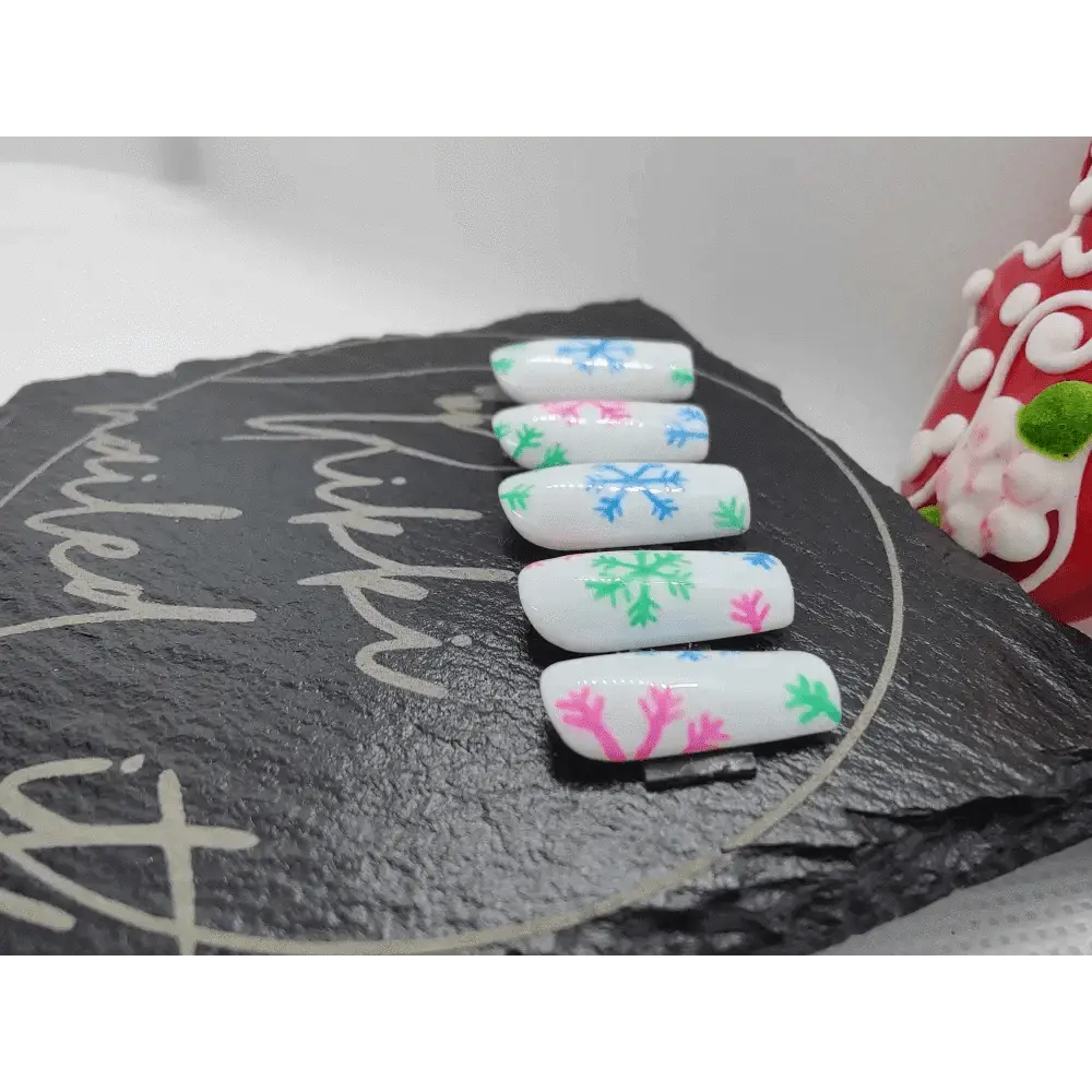Nailmas Day 07 Neon Snowflake Nails - Luxury Hand Painted Merry & Bright Snowflake Press On Nails by Nikki Nailed - Nikki Nailed it