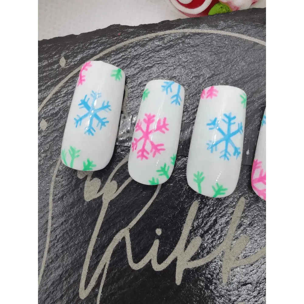Nailmas Day 07 Neon Snowflake Nails - Luxury Hand Painted Merry & Bright Snowflake Press On Nails by Nikki Nailed - Nikki Nailed it