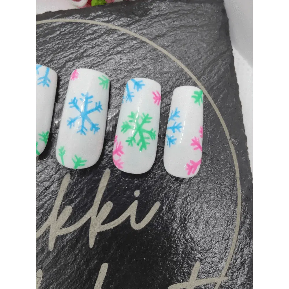 Nailmas Day 07 Neon Snowflake Nails - Luxury Hand Painted Merry & Bright Snowflake Press On Nails by Nikki Nailed - Nikki Nailed it
