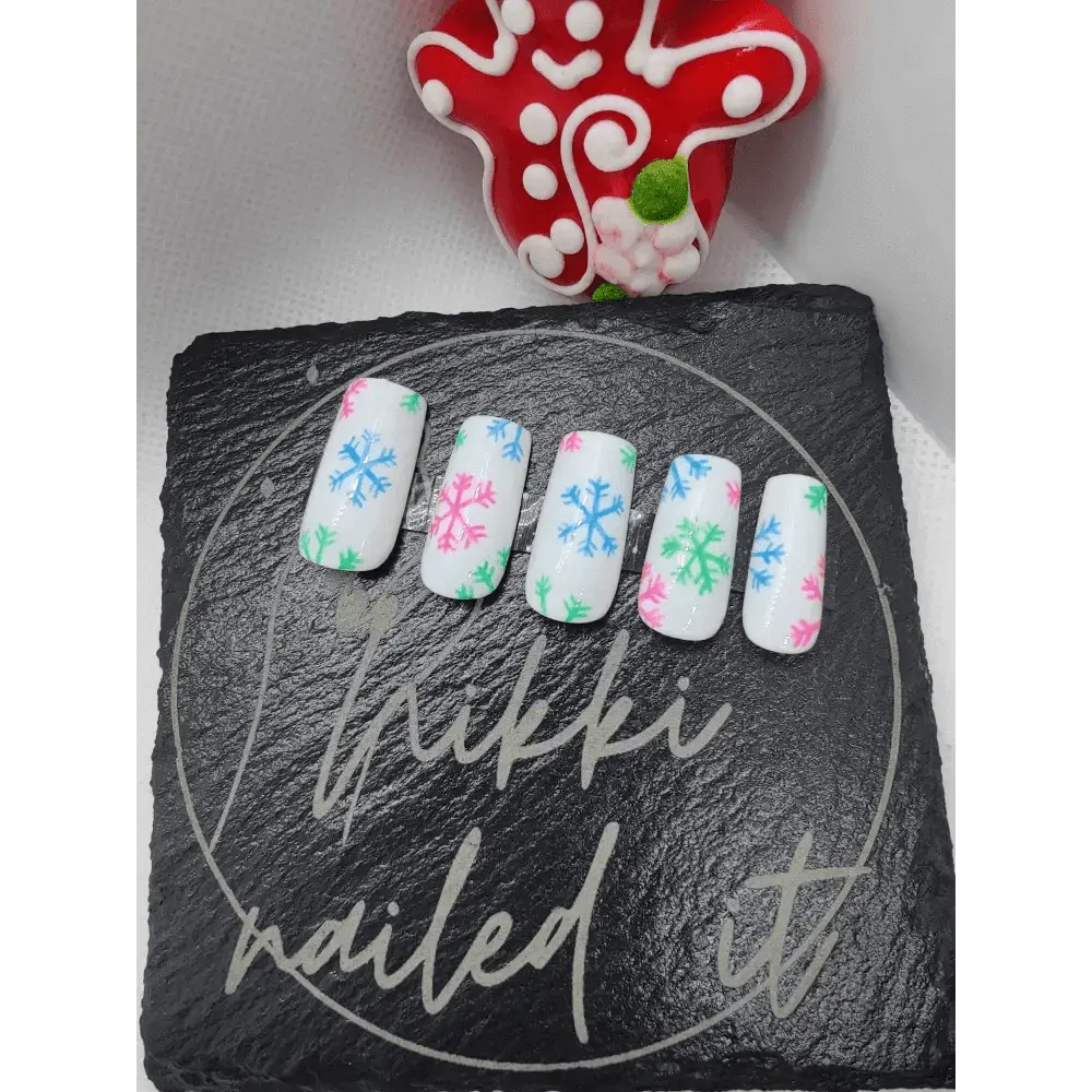 Nailmas Day 07 Neon Snowflake Nails - Luxury Hand Painted Merry & Bright Snowflake Press On Nails by Nikki Nailed - Nikki Nailed it