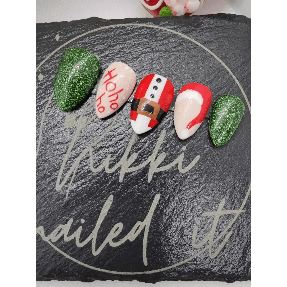 Nailmas Day 08 Santa Nails - Hand Painted Christmas Nails | Red & Green Christmas Santa Press On Nails | Luxury Nail Art by Nikki Nailed - Nikki Nailed it