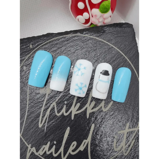 Nailmas Day 09 Snowman Nails - Hand Painted Icey Blue & White Press On Nails | Luxury Xmas Advent Nail Art - Nikki Nailed it
