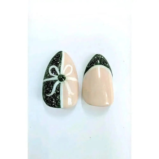 Nailmas Day 11 Green Glitter Gift Nails Hand Painted Luxury Press On Christmas Advent Art - Nikki Nailed it