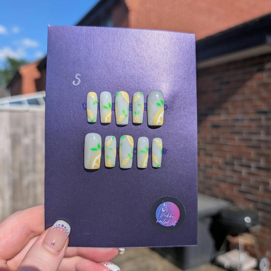 Pale Lemonade Lemon Nails - Limited Edition Clearance Press On Nails UK | Luxury 10pc Reusable Set - Nikki Nailed it
