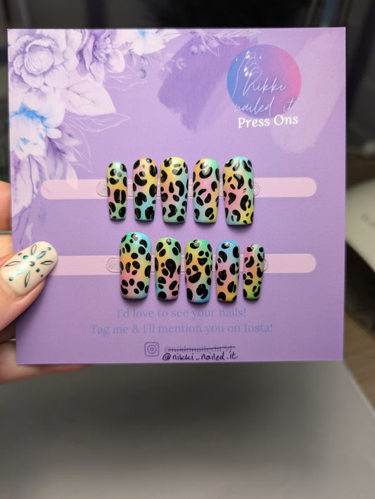 Hand Painted Press On Nails | Neon Leopard Print Press On Nails | Limited Edition Square Presson Nails | Fall Nails | Cute Nails | Y2K Nails