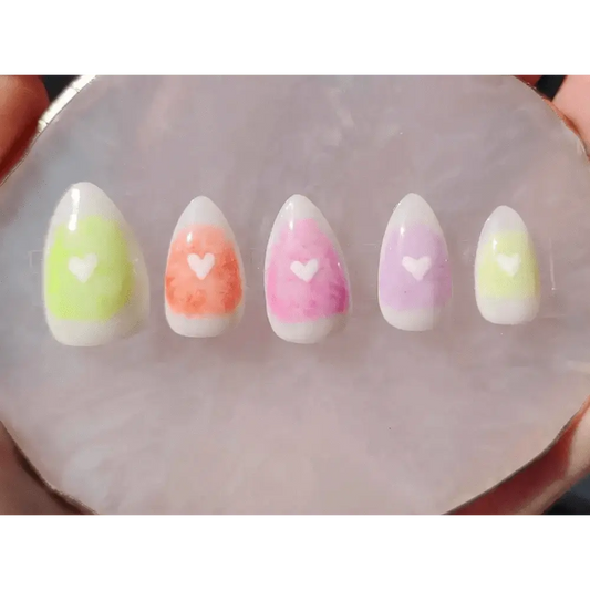Rainbow Marble Heart Nails | Luxury Press On Gel Nails | 10pc Reusable Artificial Nails UK - Nikki Nailed it