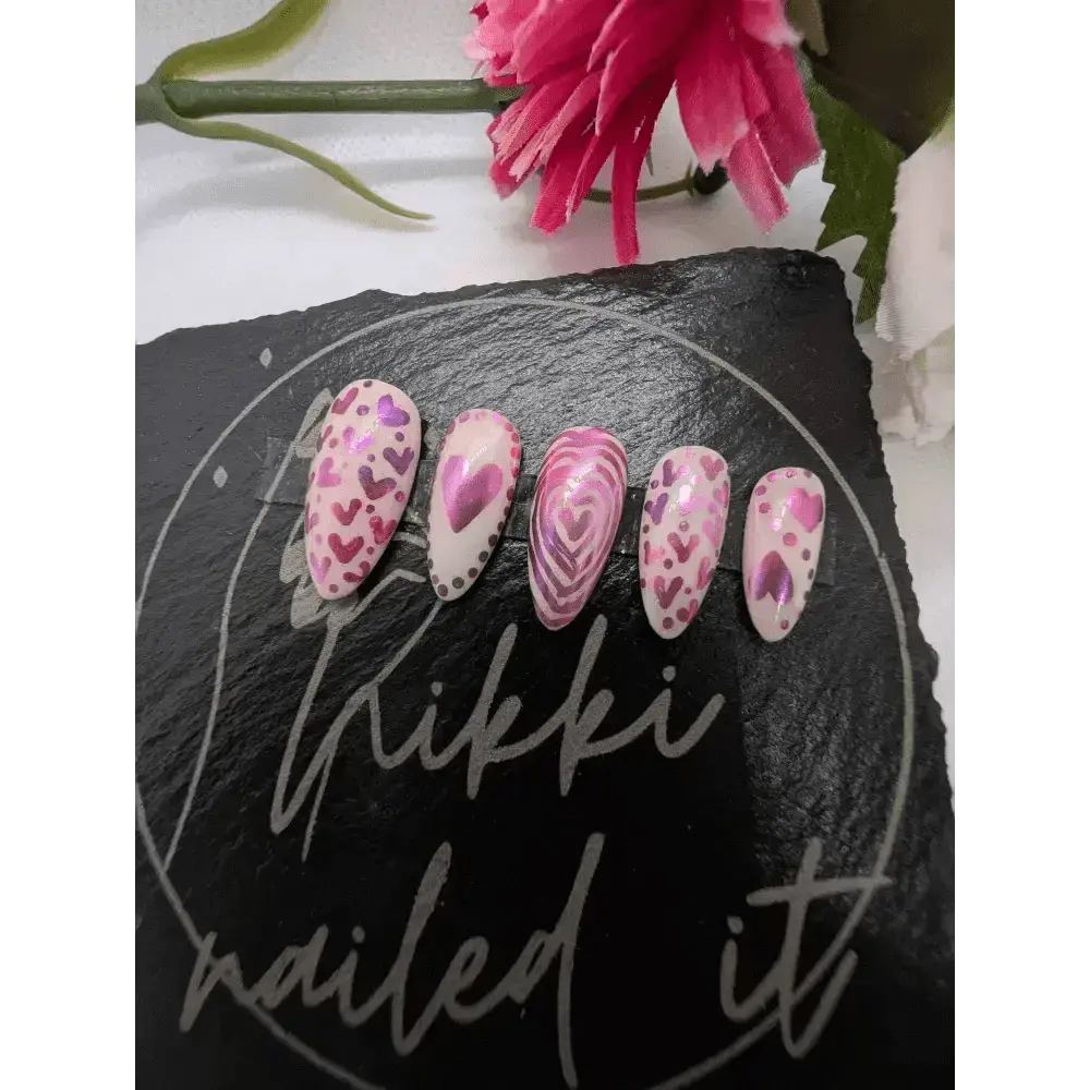 Valentine's Day Pink Chrome Heart Nails - Luxury 10pc Ombre Press On Reusable Nails Set UK - Nikki Nailed it