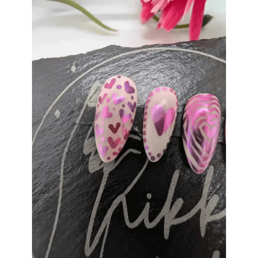 Valentine's Day Pink Chrome Heart Nails - Luxury 10pc Ombre Press On Reusable Nails Set UK - Nikki Nailed it