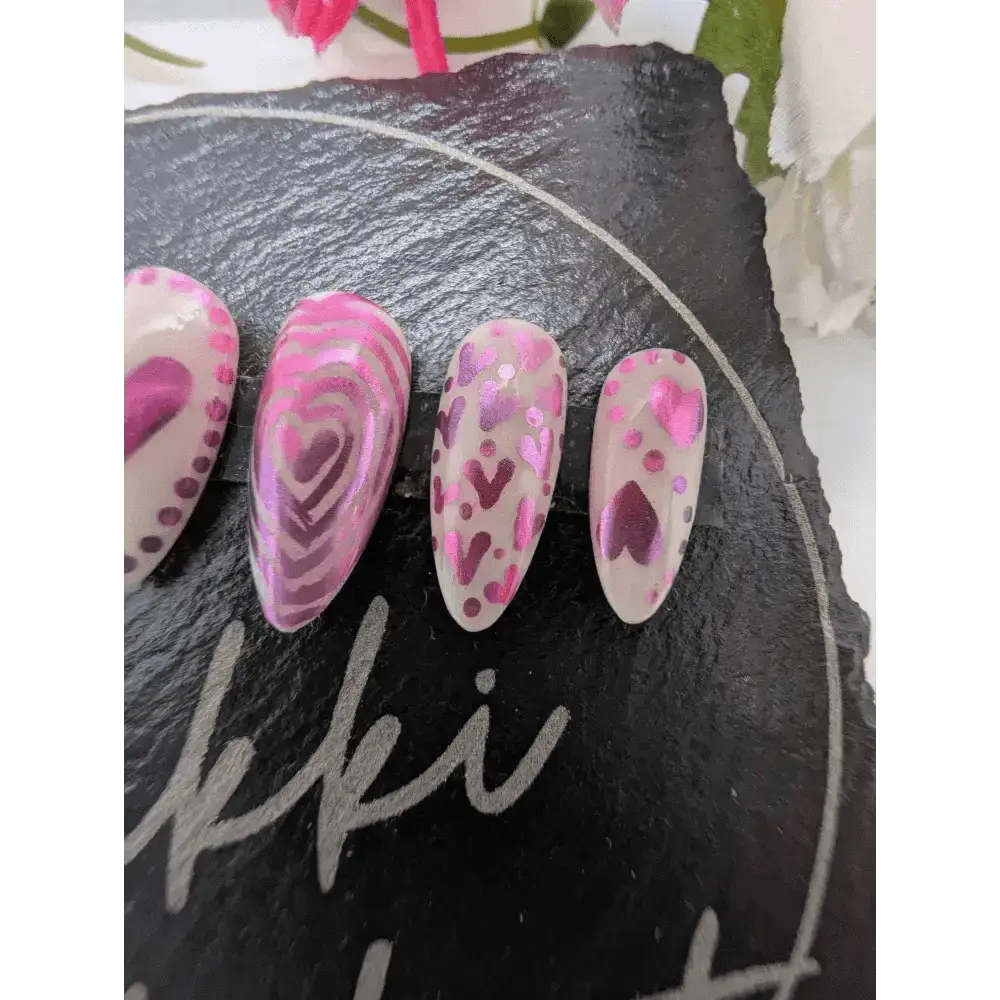 Valentine's Day Pink Chrome Heart Nails - Luxury 10pc Ombre Press On Reusable Nails Set UK - Nikki Nailed it