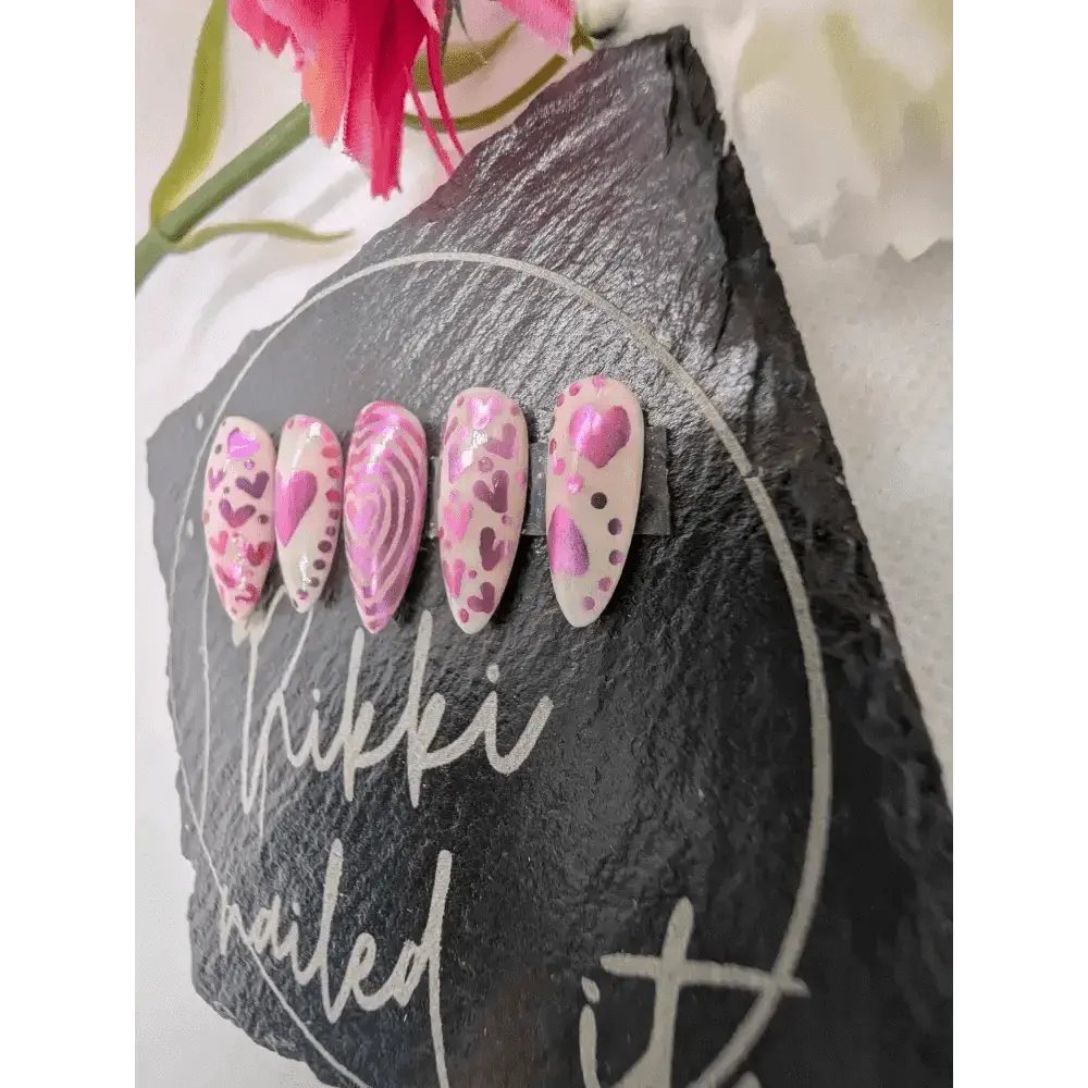 Valentine's Day Pink Chrome Heart Nails - Luxury 10pc Ombre Press On Reusable Nails Set UK - Nikki Nailed it
