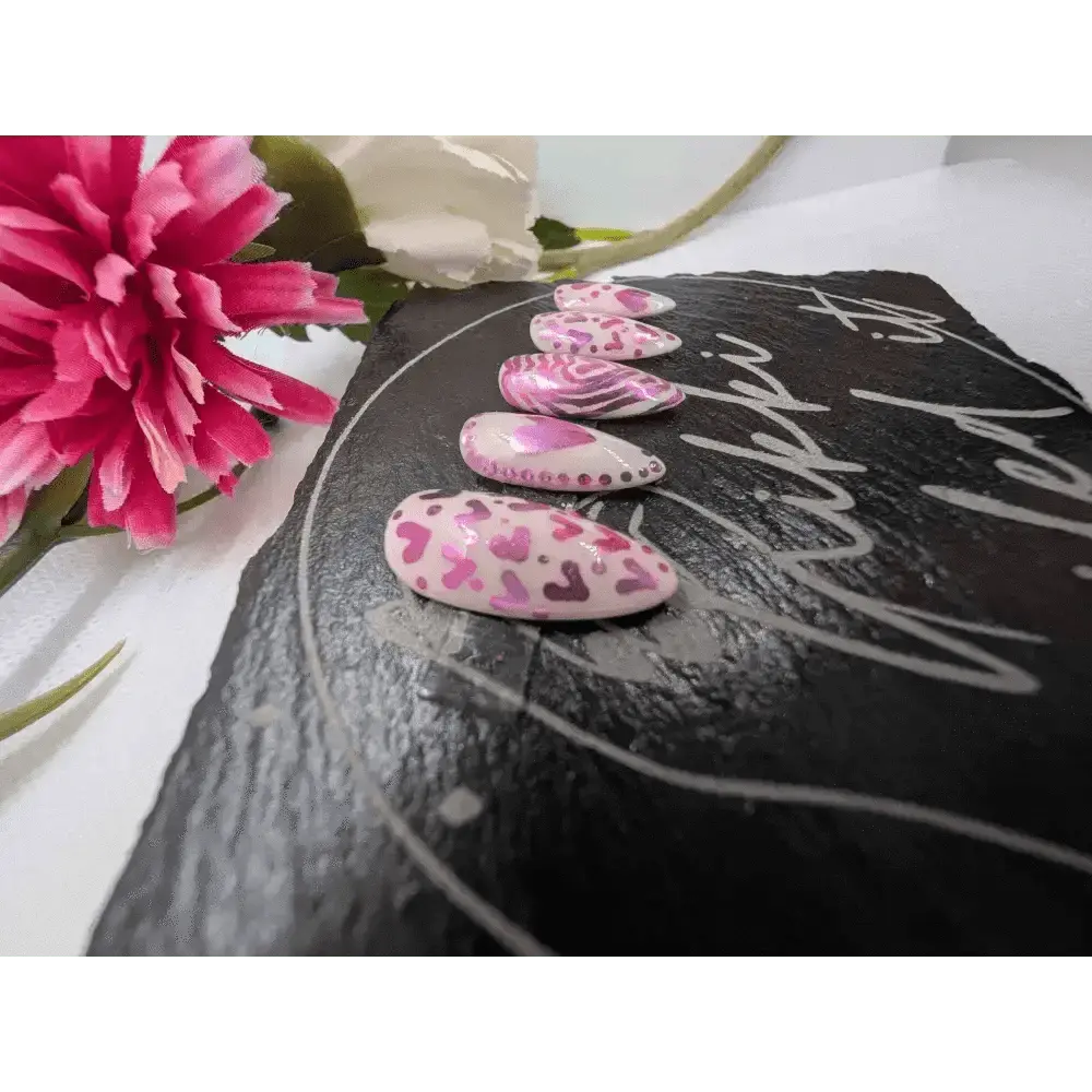 Valentine's Day Pink Chrome Heart Nails - Luxury 10pc Ombre Press On Reusable Nails Set UK - Nikki Nailed it