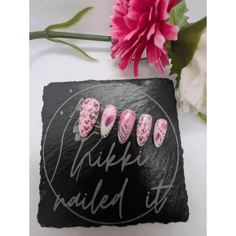 Valentine's Day Pink Chrome Heart Nails - Luxury 10pc Ombre Press On Reusable Nails Set UK - Nikki Nailed it