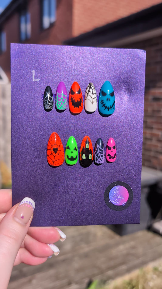 Hand Painted Press On Nails | Neon Halloween Party Nails | Cute Nails | Presson Nails Almond | Halloween Press On Nails | Gothic Nails