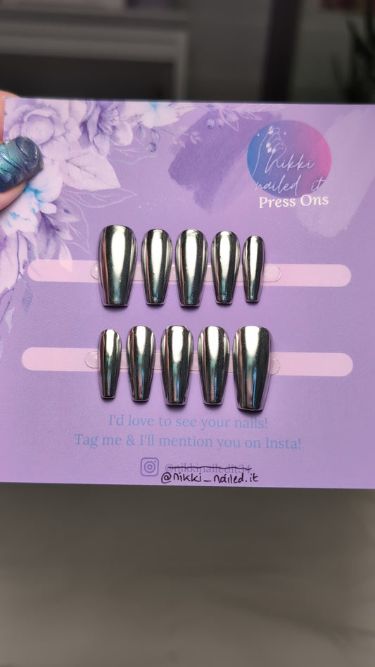 Hand Painted Press On Nails | Chrome Silver Nails | Gothic Presson Nails | Short Press On Nails | Halloween Nails 2025 | Fall Nails