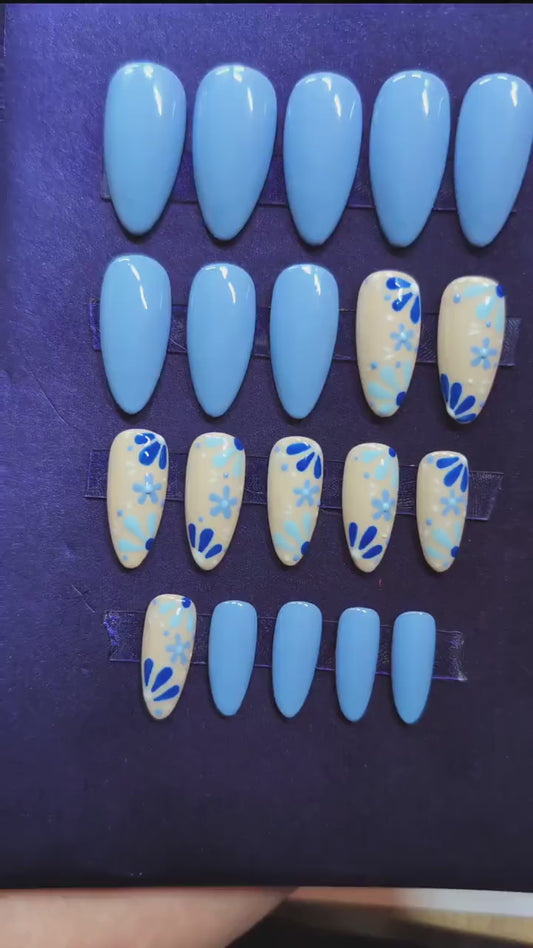 20pc Set - Cornflower Blue Press On Nails | Hand-Painted Luxury Nails UK | Artificial Reusable Nails | Press Ons | Medium Almond Shape
