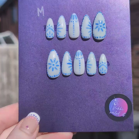 Blue & White Tile- Clearance Press On Nails | Limited Edition Reduced Price Nails UK | Artificial Reusable Nails | Luxury Press Ons 10pc Set