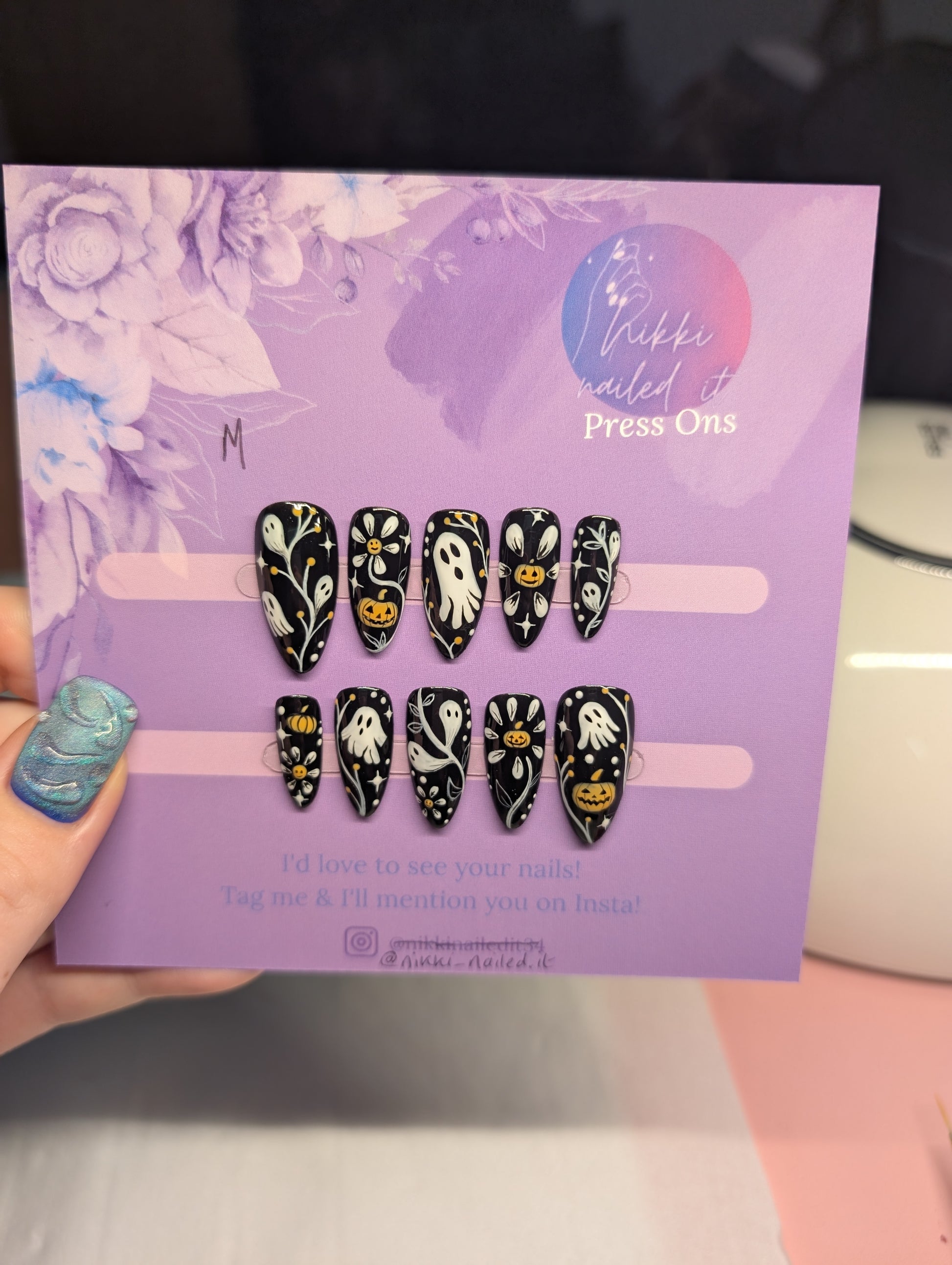 Hand Painted Press On Nails | Halloween Monochrome Press On Nails with ghosts and pumpkins in a bold design.