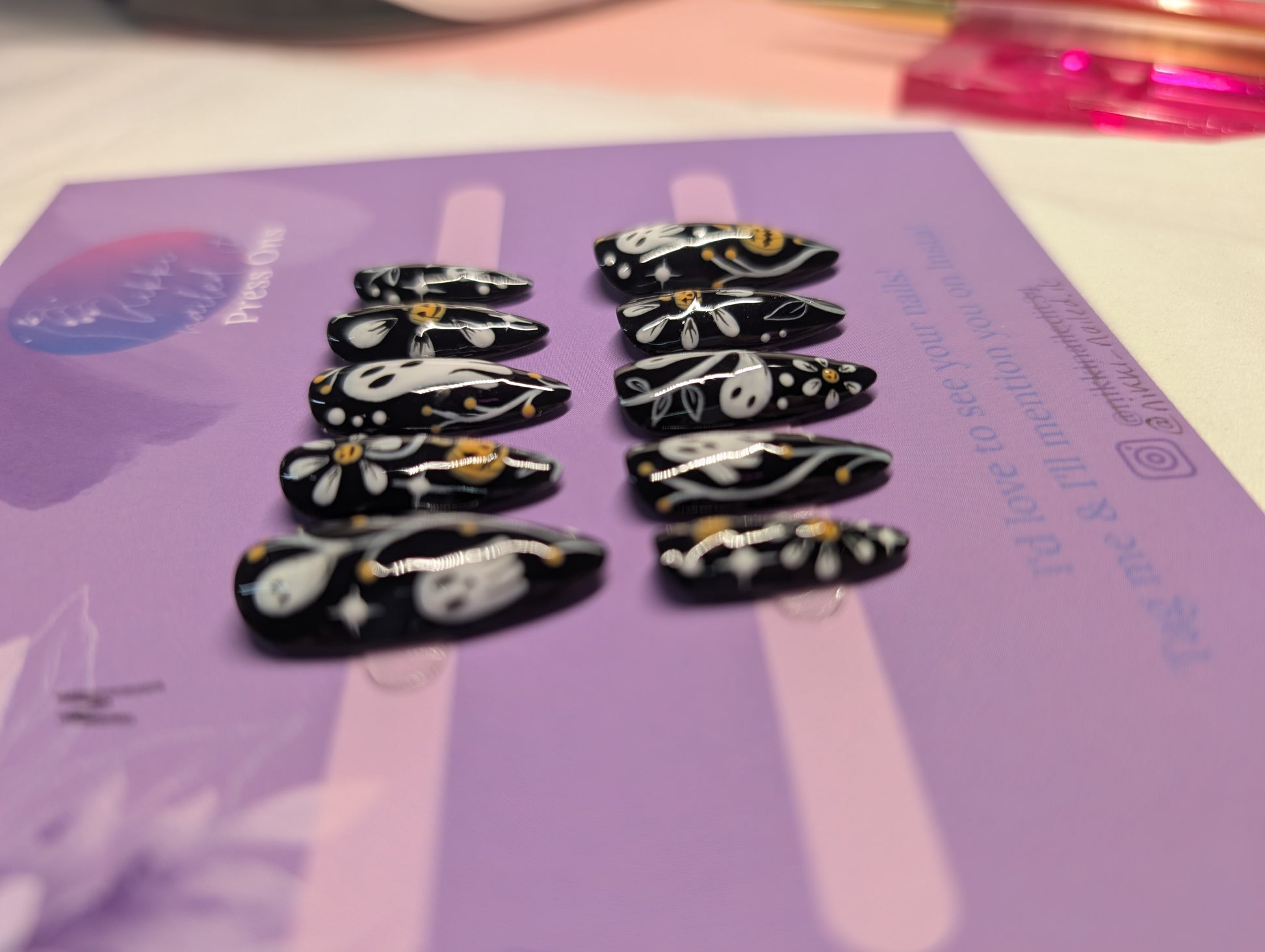Hand Painted Press On Nails | Halloween Monochrome Press On Nails | Limited Edition Almond Presson Nails display on card.