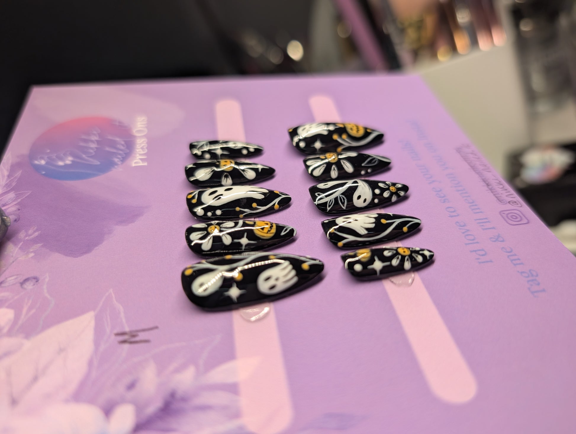 Hand Painted Press On Nails with monochrome ghosts for Halloween Monochrome Press On Nails, perfect for Y2K-inspired fall styles.